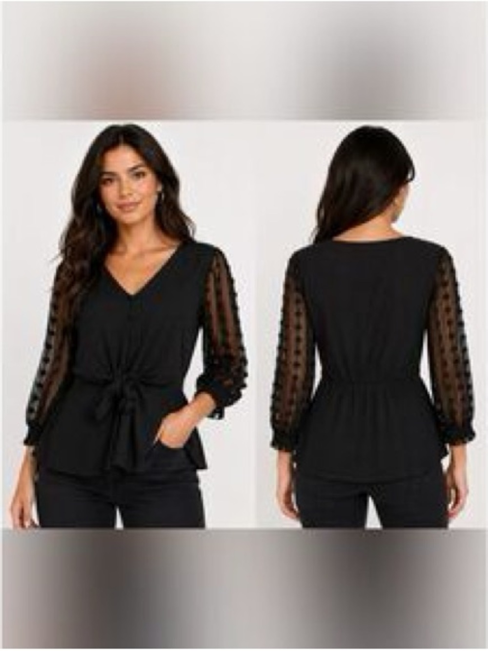 Women's Black V-Neck Tie-Waist Peplum Top